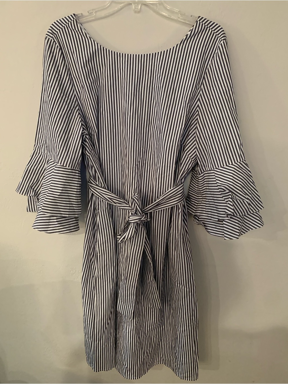Pappagallo Charcoal & White Striped Dress Bell Ruffle Sleeve Pockets Belt NWT 14